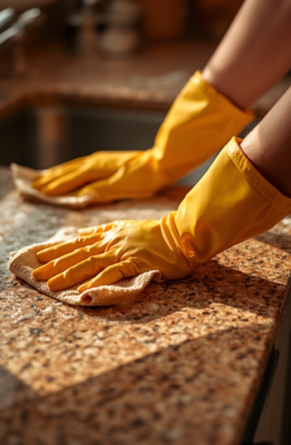 Brightwell's founder wiping down a kitchen countertop