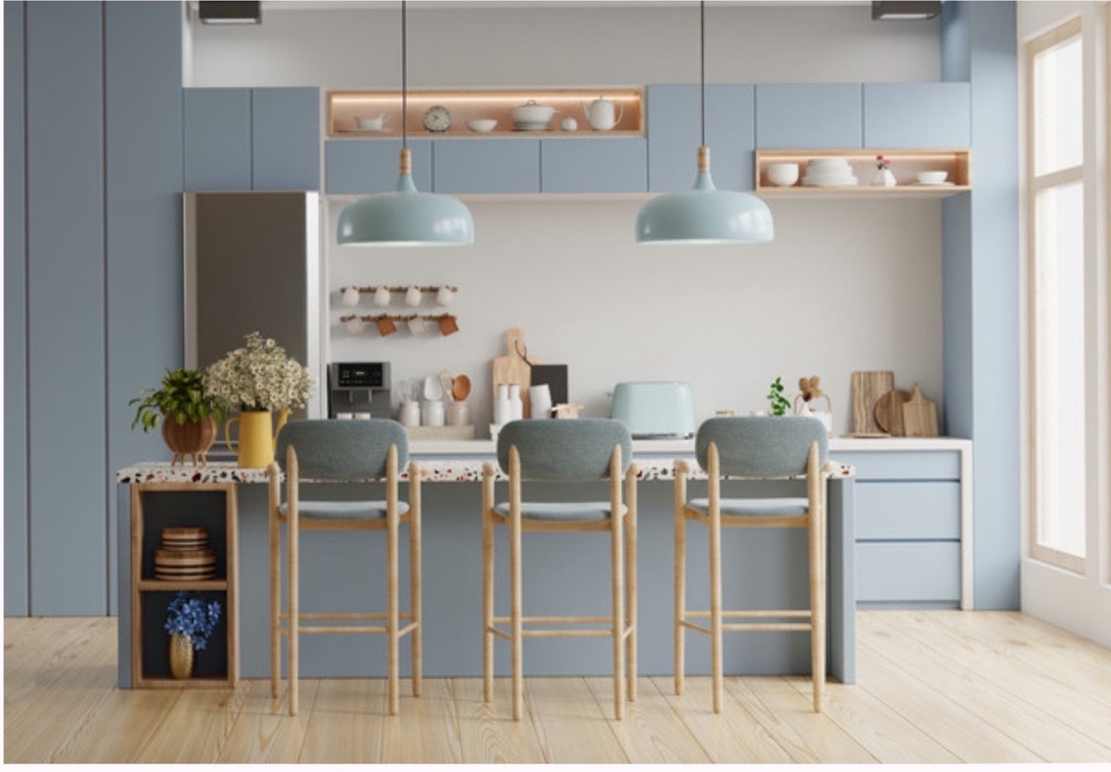 A spotless, organized kitchen after cleaning