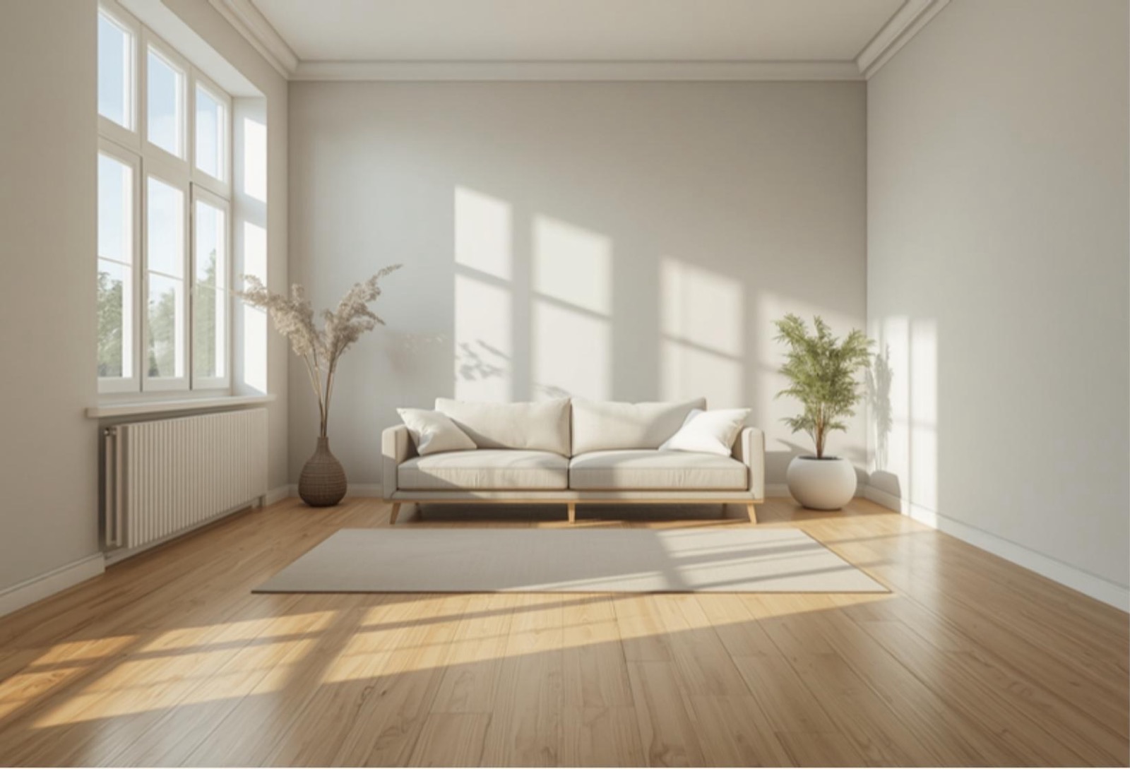 A tidy, sunlit living room after cleaning